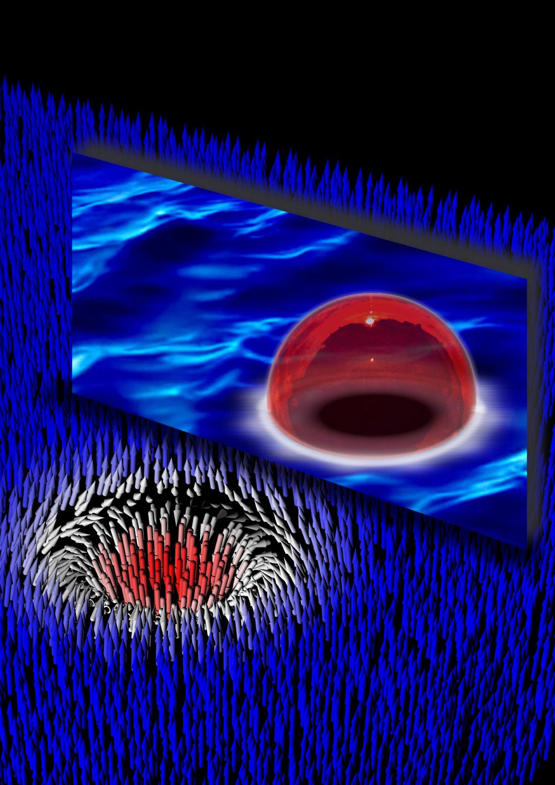 Ultracold sodium atoms, prepared in a false vacuum state (blue), decay to the true vacuum (red) through the formation of bubbles".